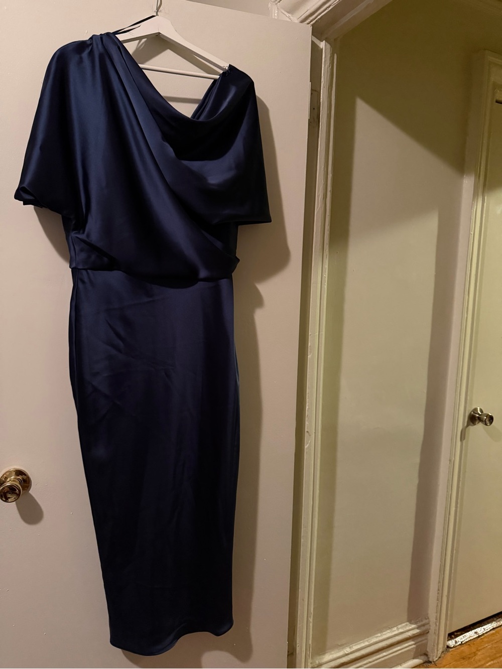 Amsale French Blue Draped Satin Pencil Midi Dress Size 14